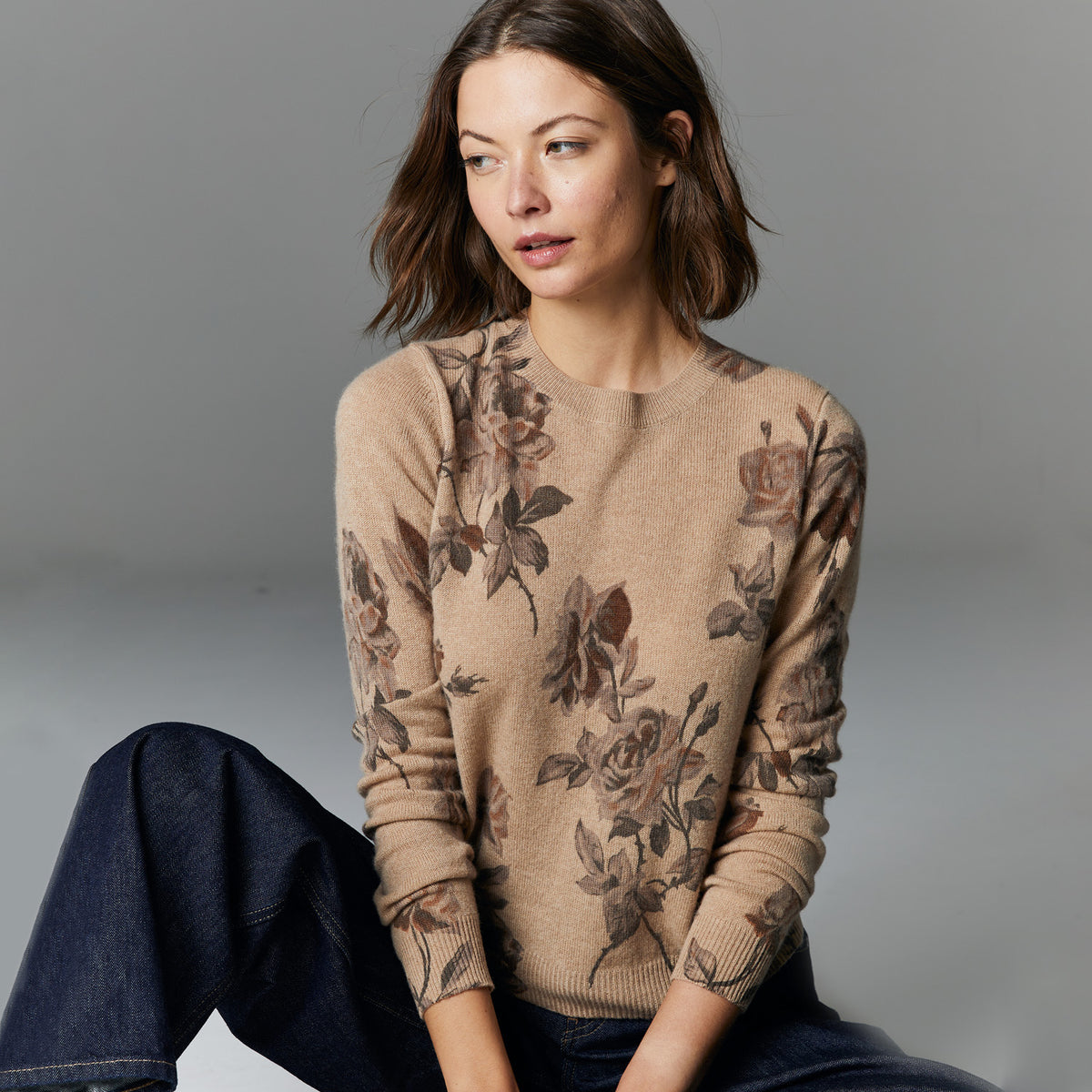 Tonal Floral Print Crew Autumn Cashmere