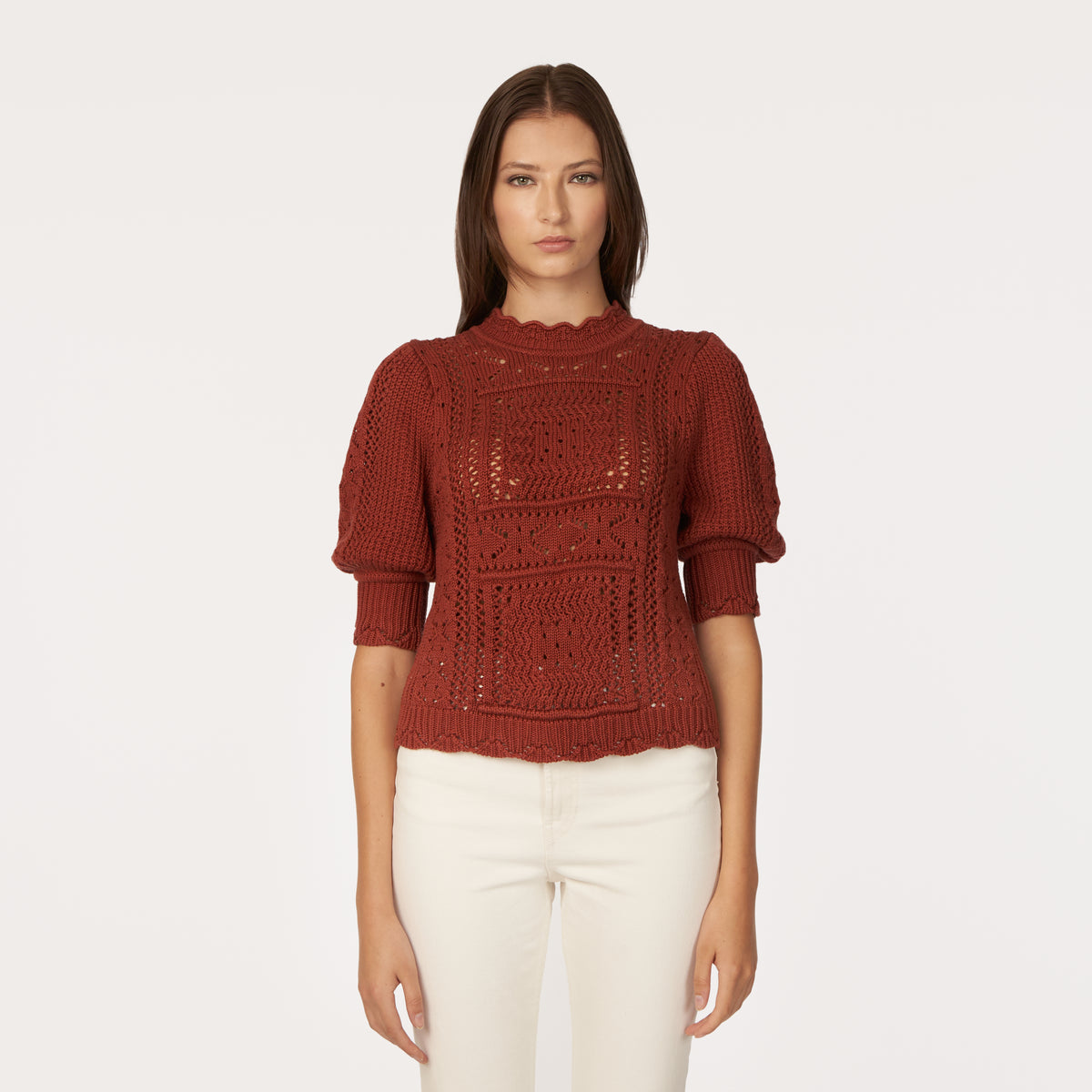 Ferragamo Turtleneck Puff Sleeve Knit Bodysuit in Red