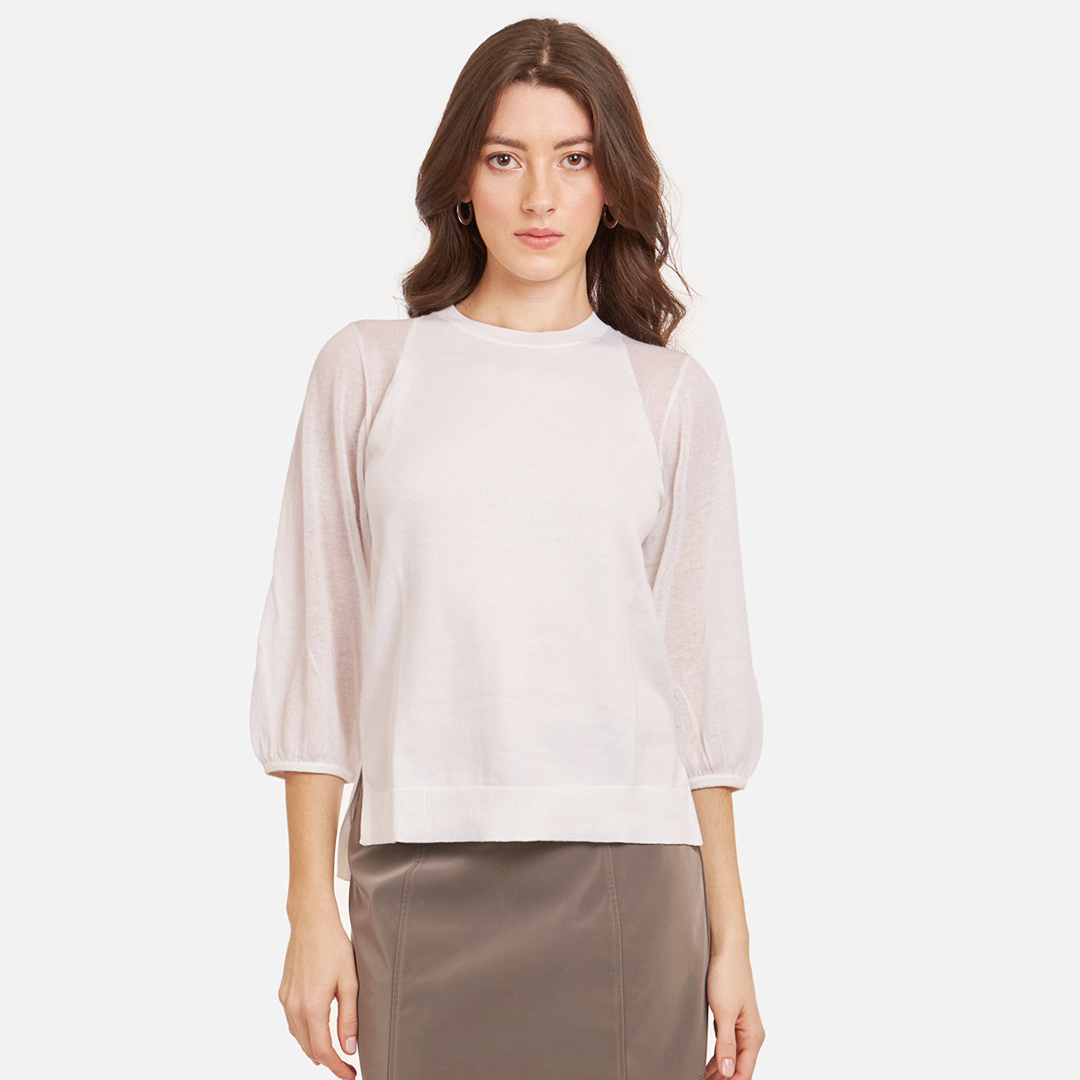 Hi Lo Crew w/ Sheer Puff Sleeves in White | Autumn Cashmere
