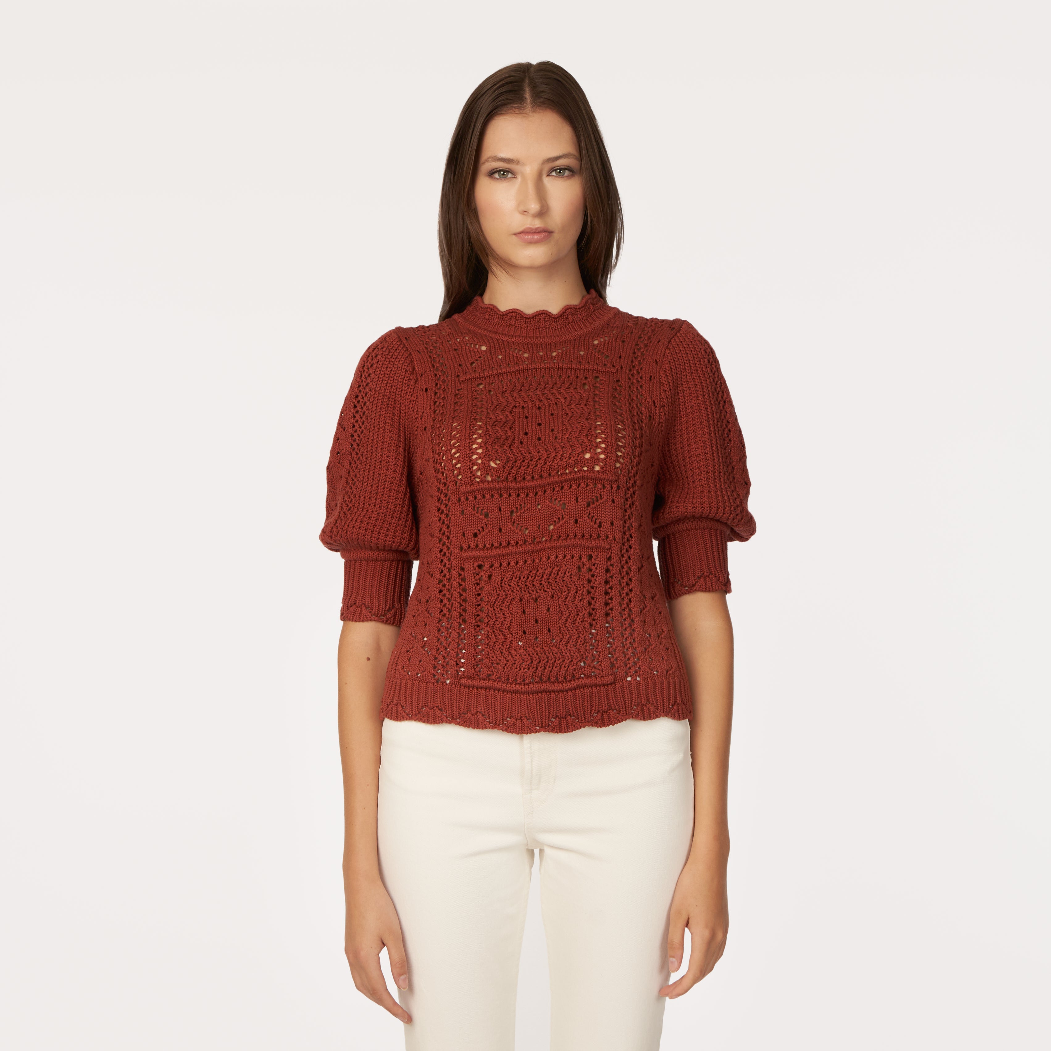 Puff Sleeve Tile Stitch Mock in Cognac Autumn Cashmere