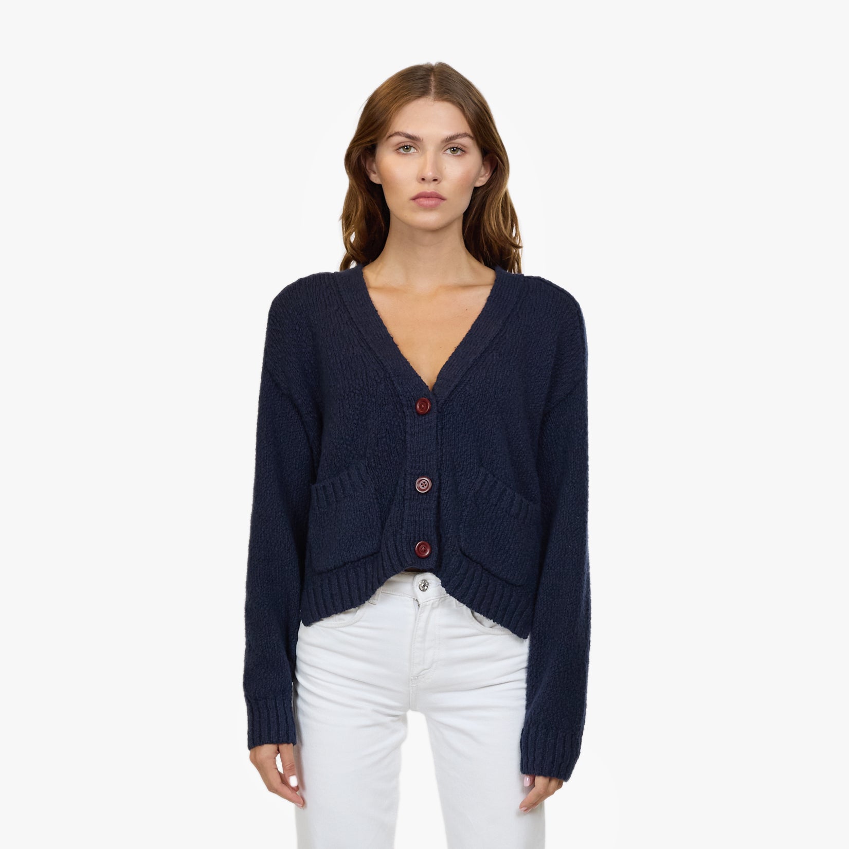 Autumn Cashmere Cropped V Neck Cardigan w Pockets in Navy