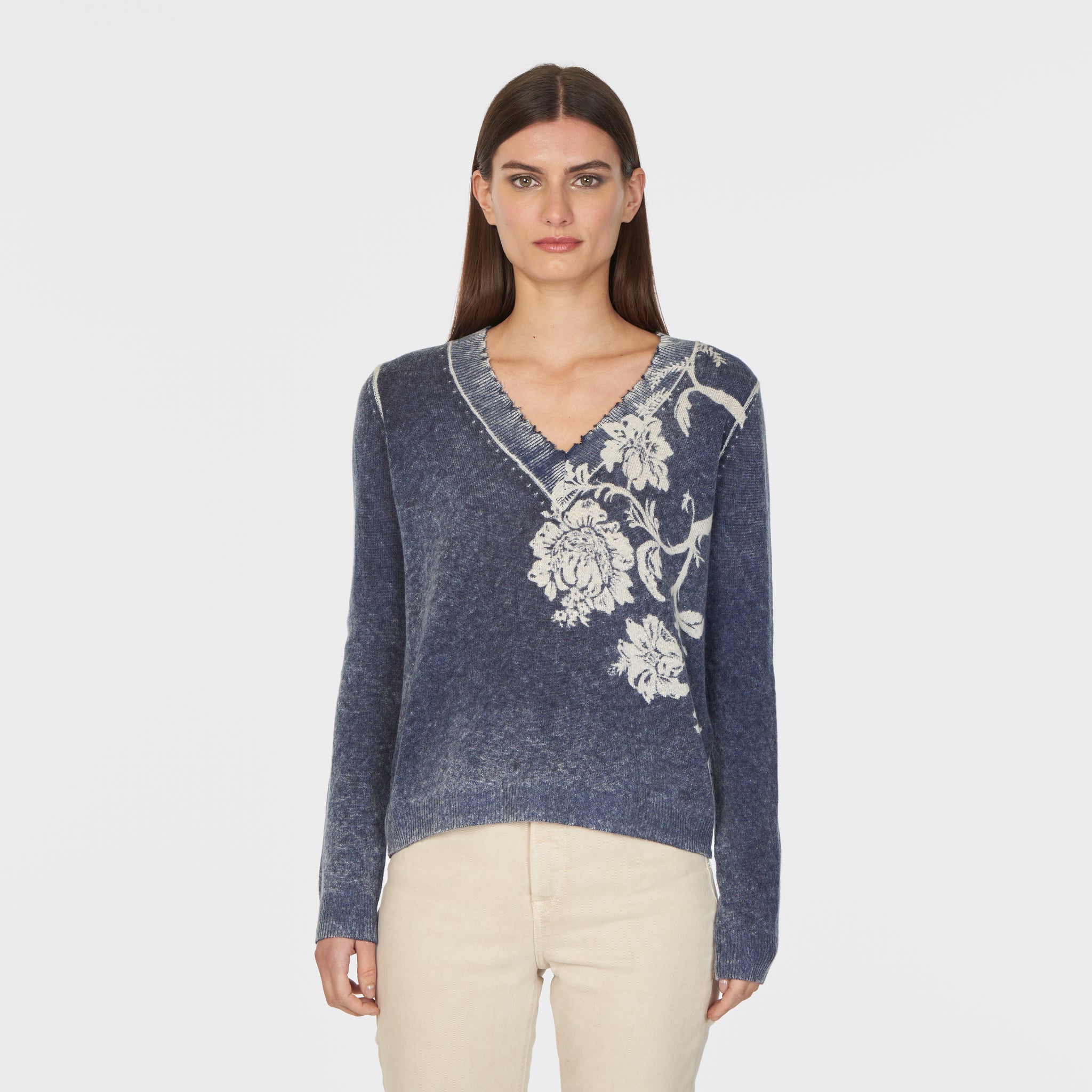 Autumn Cashmere floral 100% cashmere top sweater Sz S navy blue