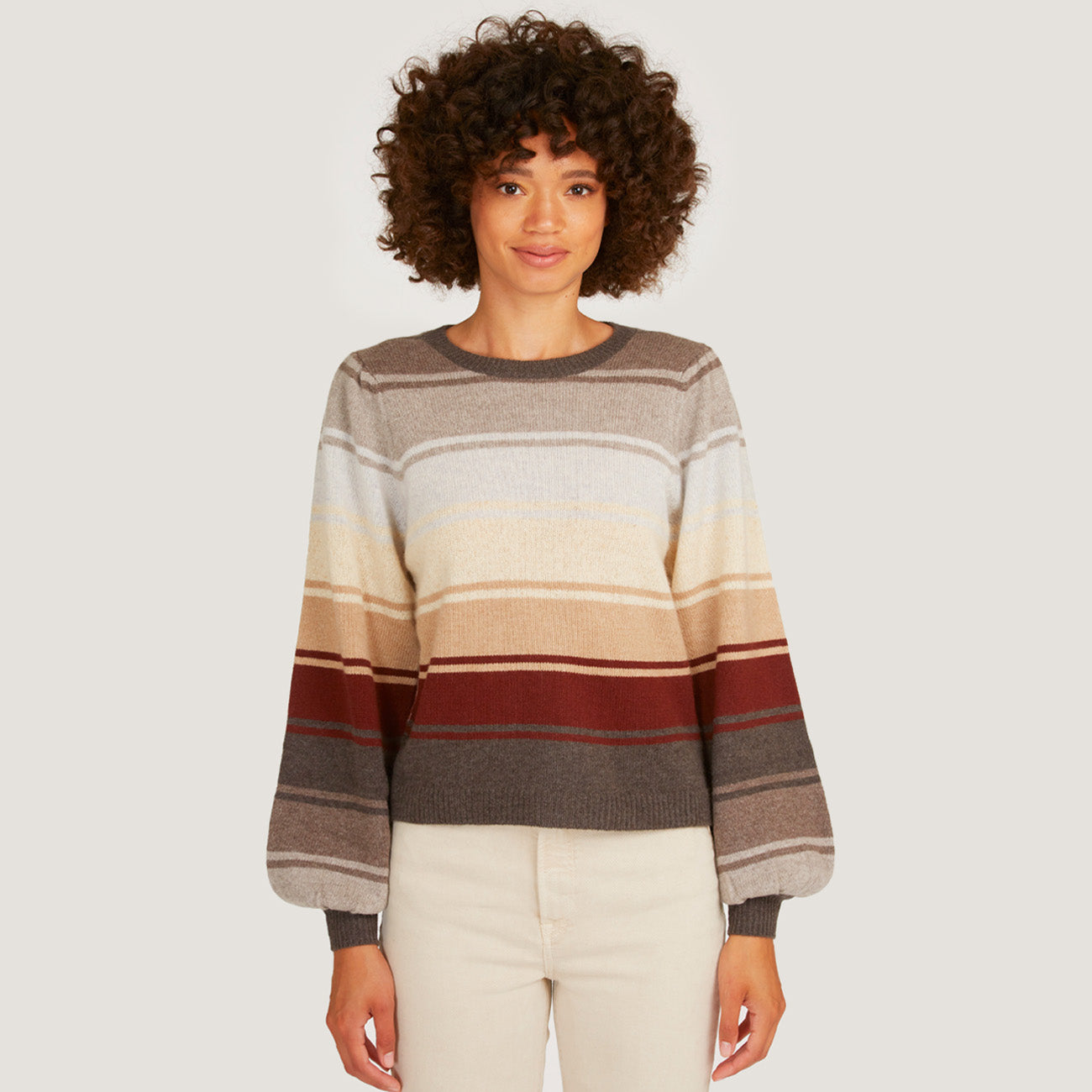 Puff Sleeve Rainbow Stripe Crew in Neutral Combo Autumn Cashmere