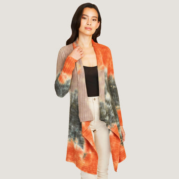 Women's Tie Dye Rib Drape Cashmere Cardigan in Pita/Neutral Multi by Autumn Cashmere