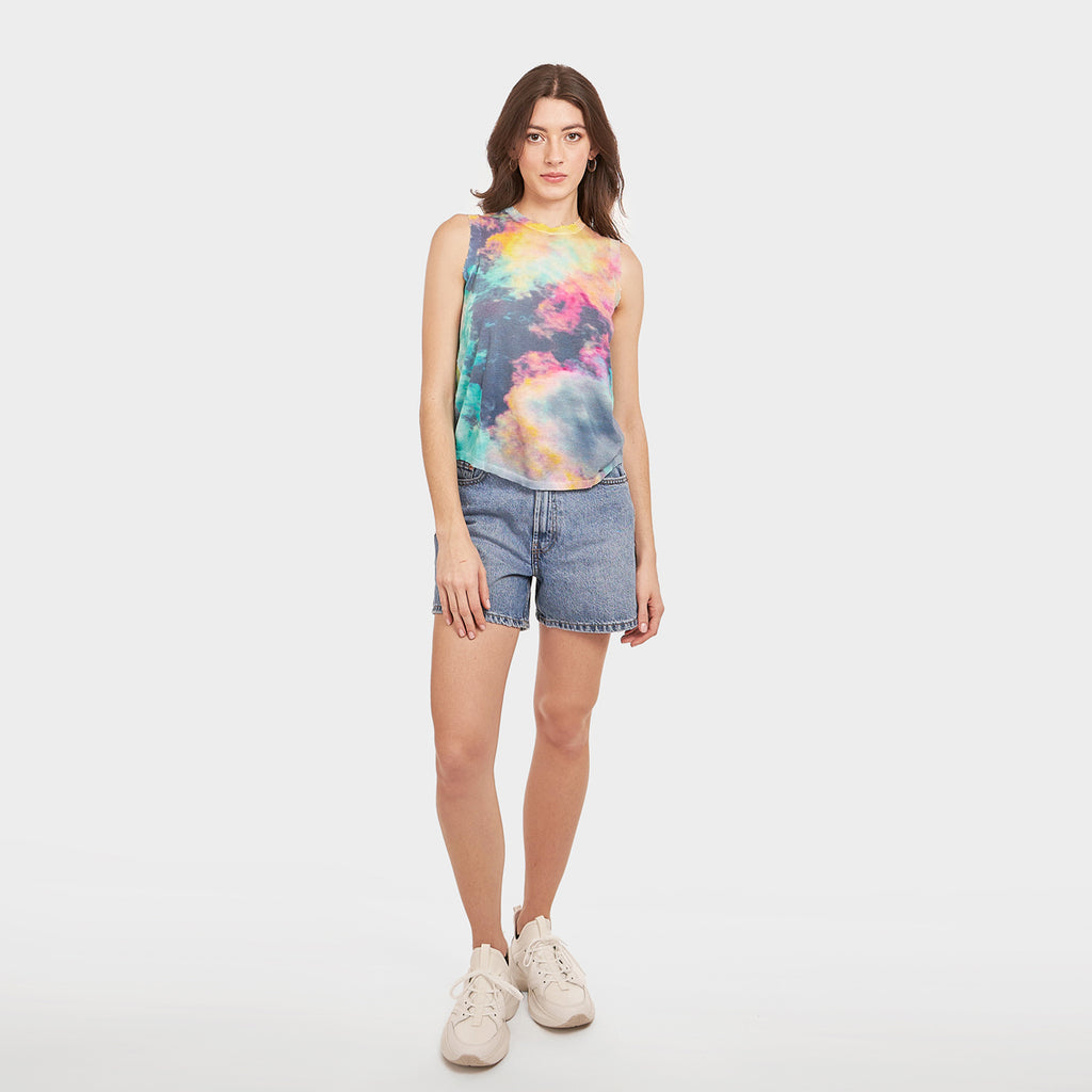 Women’s Distressed Edge Cloud Print Muscle Tee by Autumn Cashmere. 100% Cotton.