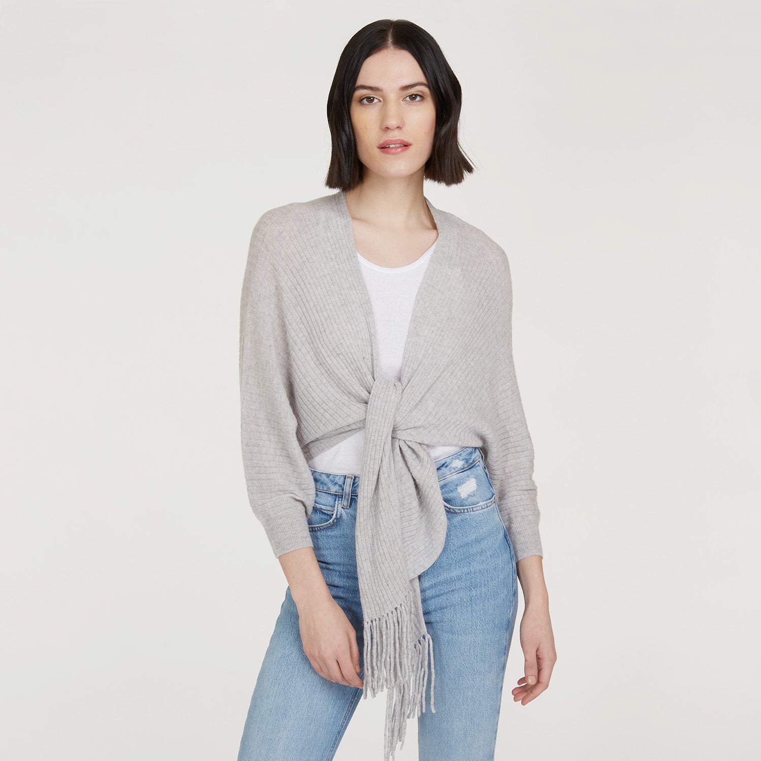 Rib Fringed Tie Front Dolman in Fog Autumn Cashmere