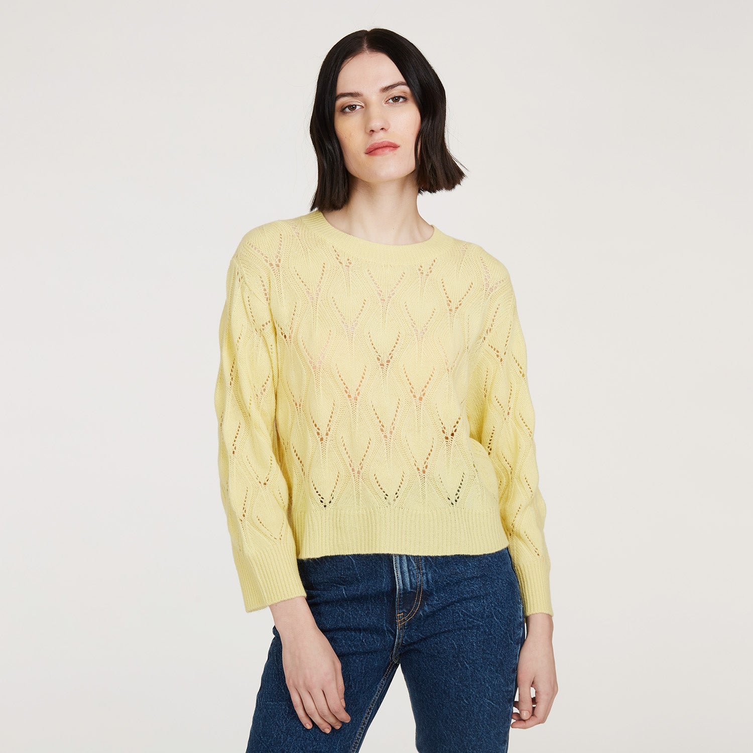 Leaf Pointelle Cropped Boxy Crew in Banana Autumn Cashmere