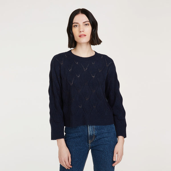 Leaf Pointelle Cropped Boxy Crew in Navy Autumn Cashmere