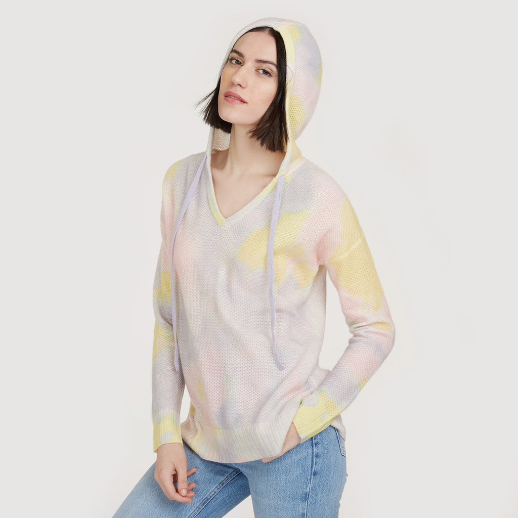 Women's Blotch Print Honeycomb Hoodie in Pastel Multi by Autumn Cashmere