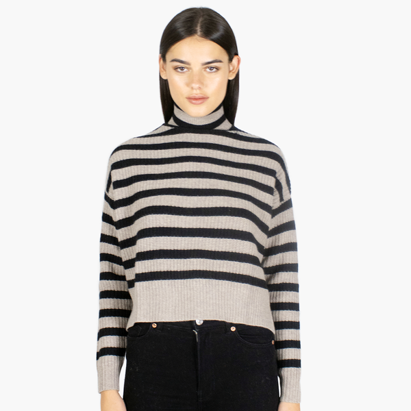 6 Ply Cropped Striped Shaker Mock Autumn Cashmere