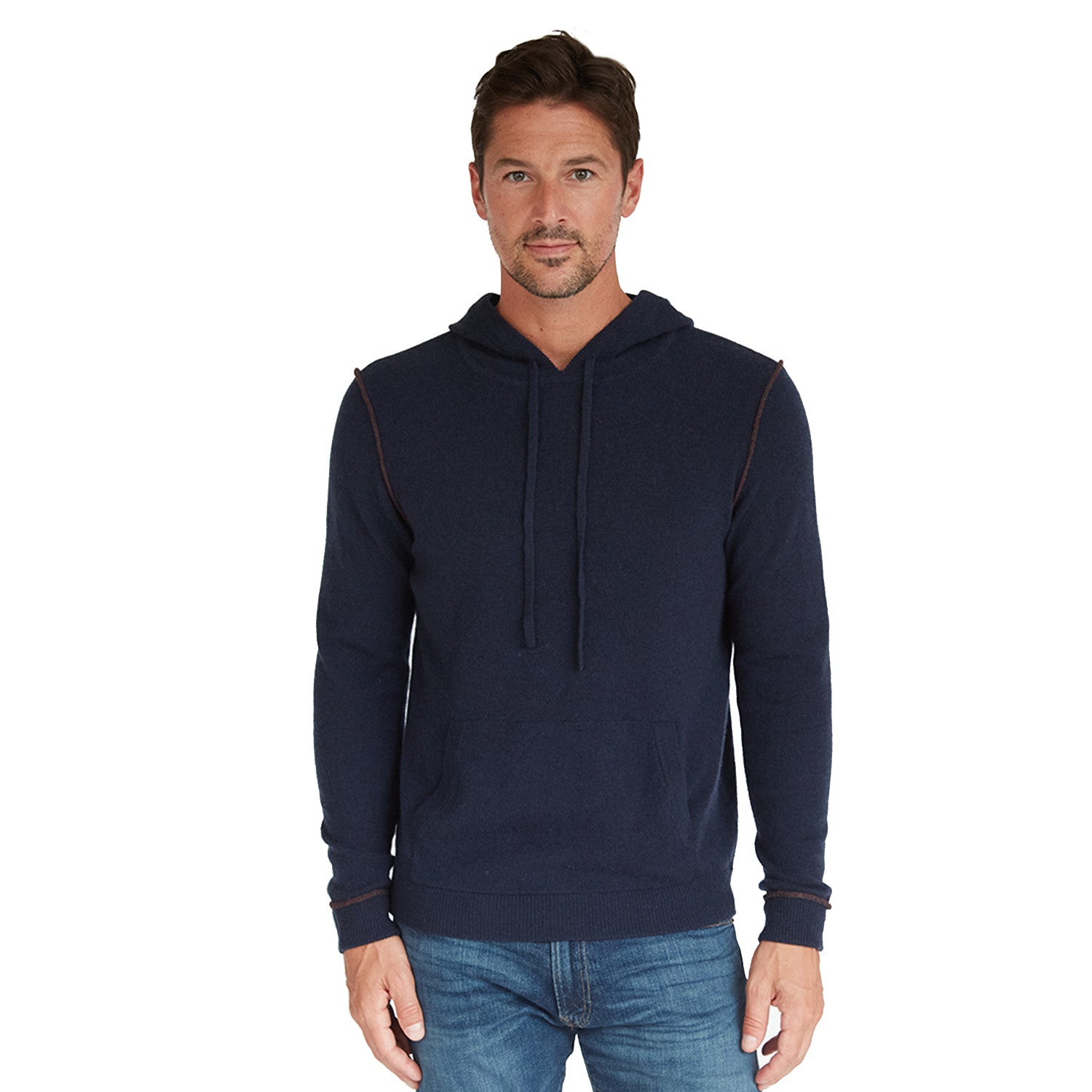 Men s Hoodie 2 Color Pipping in Dark Navy Autumn Cashmere